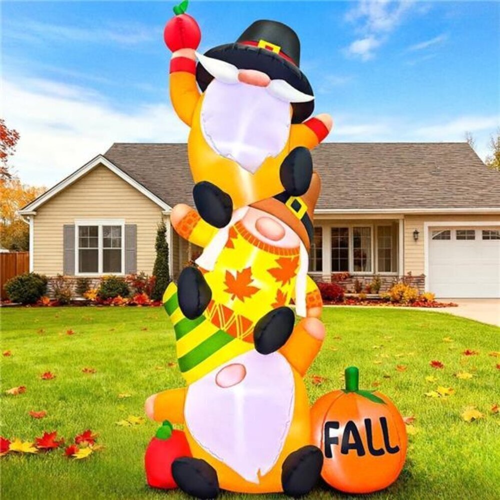 6FT Thanksgiving Inflatables Decorations Blow Up Three Gnomes with Pumpkin